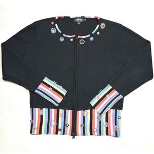 Icelandic Design Sweater M Womens Black Zip Cardigan Embroidered Stripe Atlandia